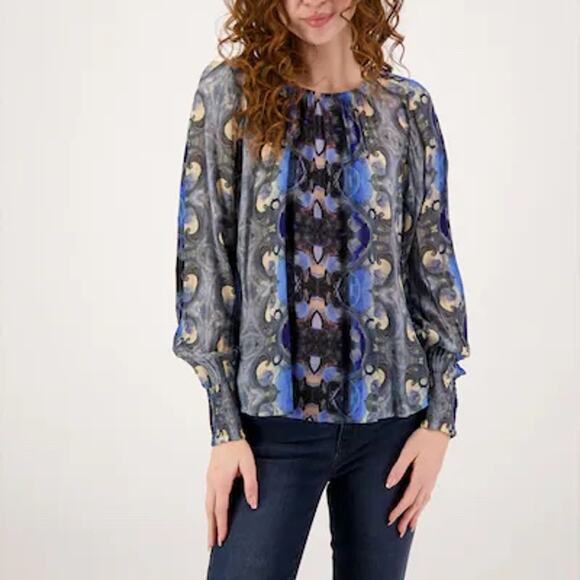 AP.NY Blue Gray Abstract Mirrored Print Artsy Cupro Blouse Top SZ M - Picture 1 of 10